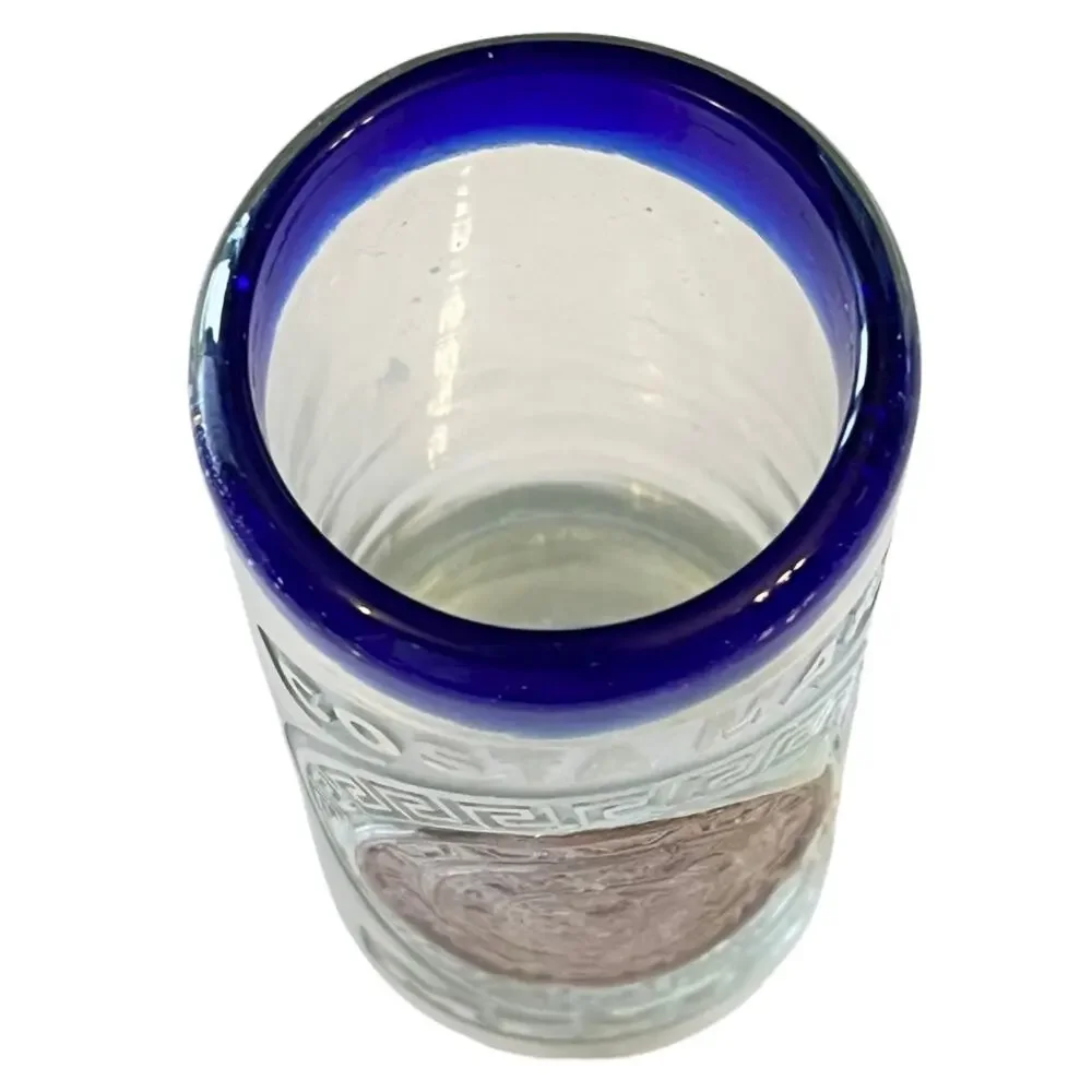 VTG Hand Blown DOUBLE SHOT GLASS Costa Maya Mexico Blue Rim Silver Medallion